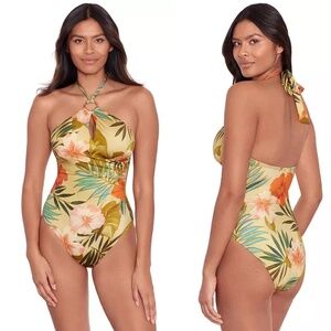 NWT Lauren Ralph Lauren Print Ring-Front High-Neck One Piece Swimsuit Sz 12